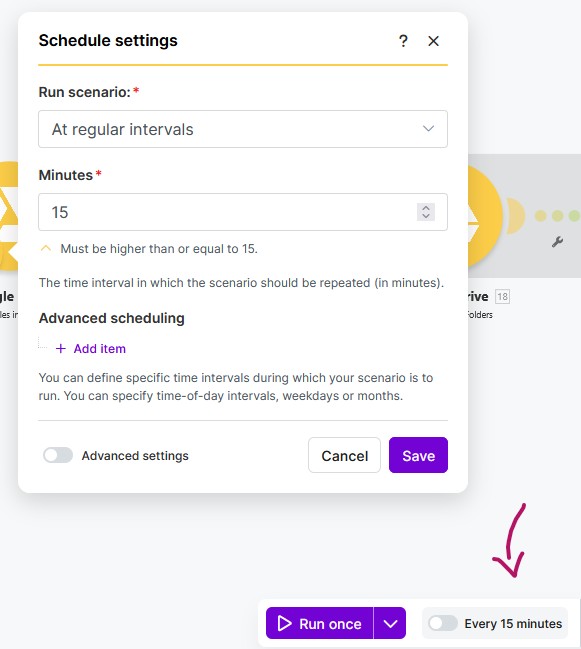 Copie d'écran : Make schedule settings